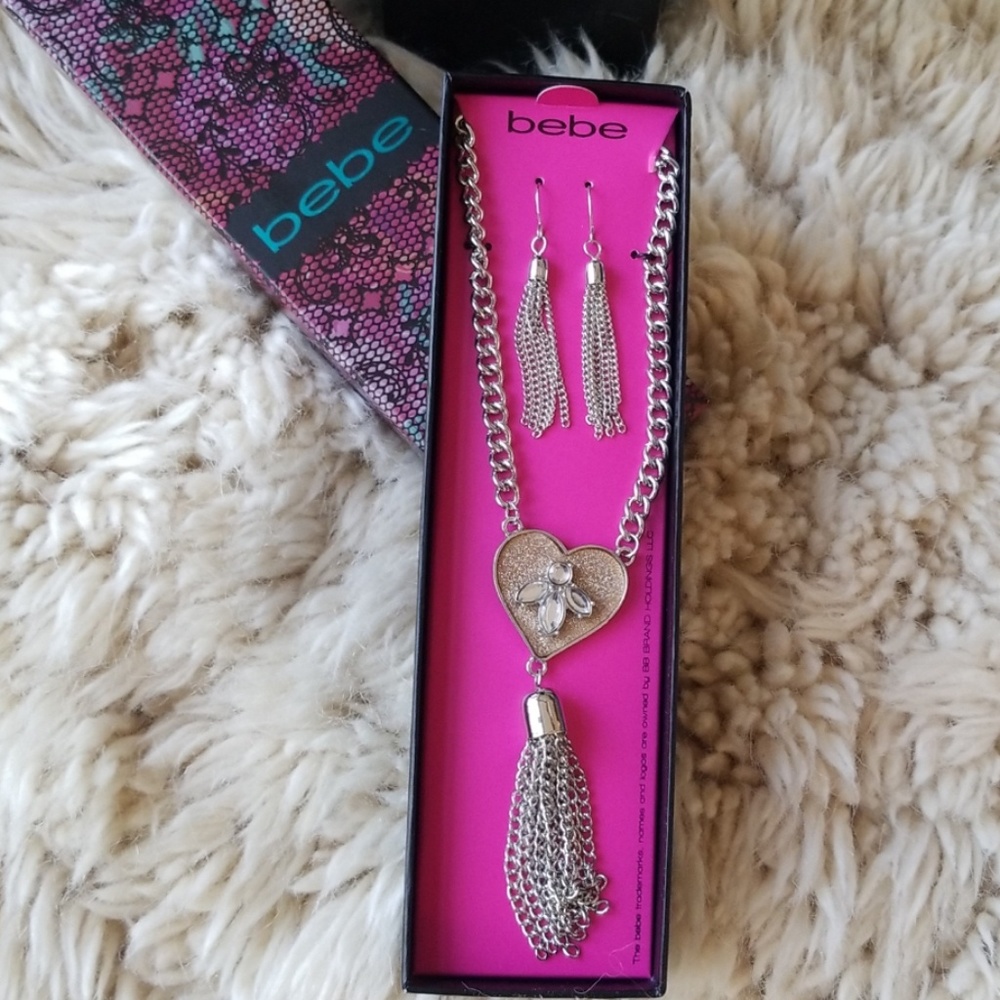 Bebe Silver Bee Heart Necklace and Earrings Set